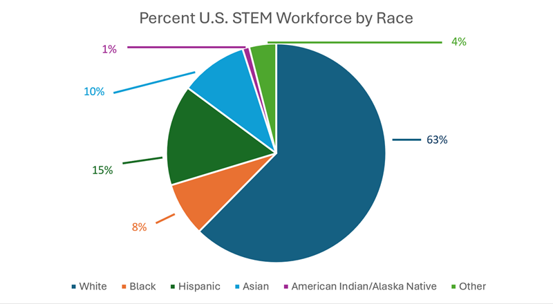 Pie chart showing percentage of US STEM workforce by race.  63% White, 8% Black, 15% Hispanic, 10% Asian, 1% American Indian/Native American and 4% other.
