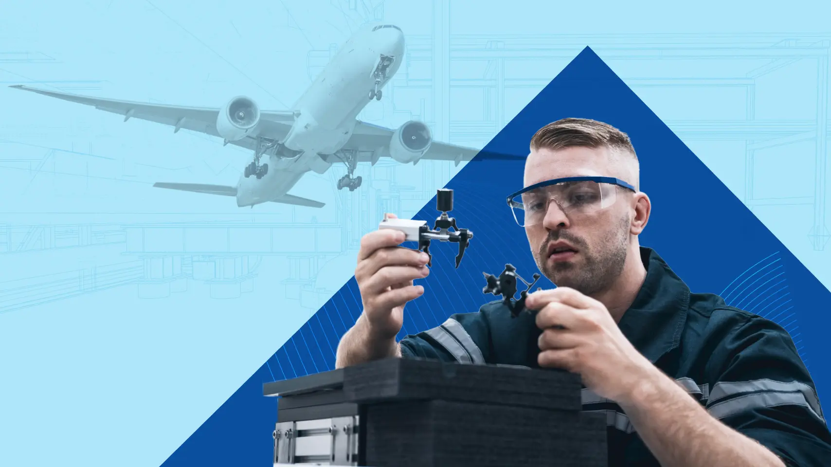 An Engineer inspects 2 handheld pieces of machinery