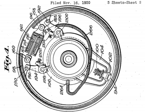 Illustration of brake mechanism from Duesenberg’s patent application. US Patent 1,490,163 filed November 16, 1920.